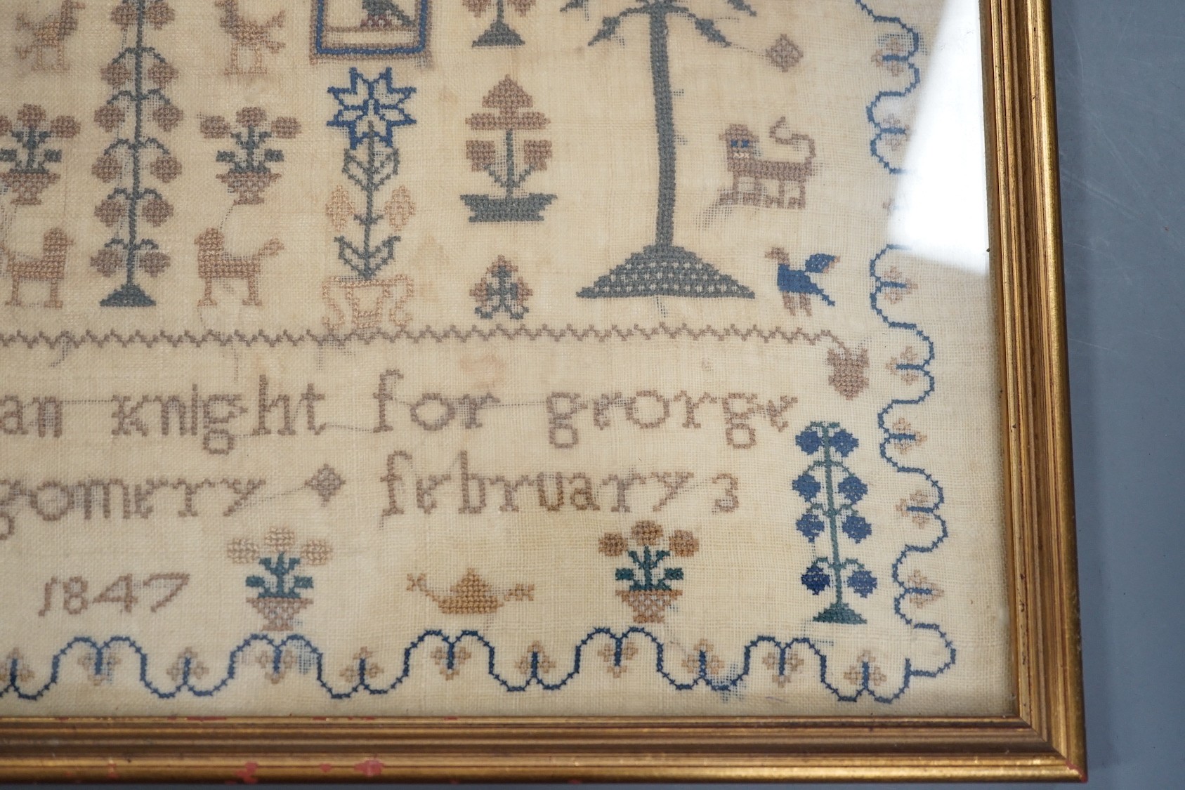 A framed Victorian sampler, worked by Susan Knight 1847, 41 x 31cm